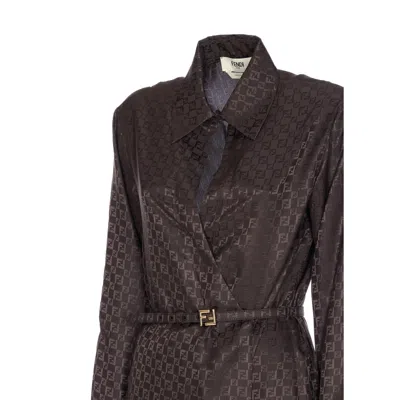 Fendi Ff Jacquard Silk Midi Shirt Dress In Brown