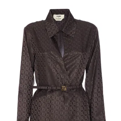 Fendi Ff Jacquard Silk Midi Shirt Dress In Brown