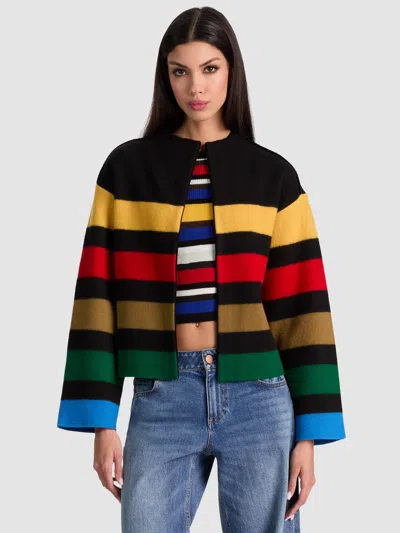 Alice And Olivia Pearson Collared Striped Sweater Jacket Black Multi