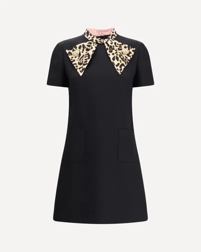 Valentino Embellished Pussy-bow Wool And Silk-blend Crepe Mini Dress In Black