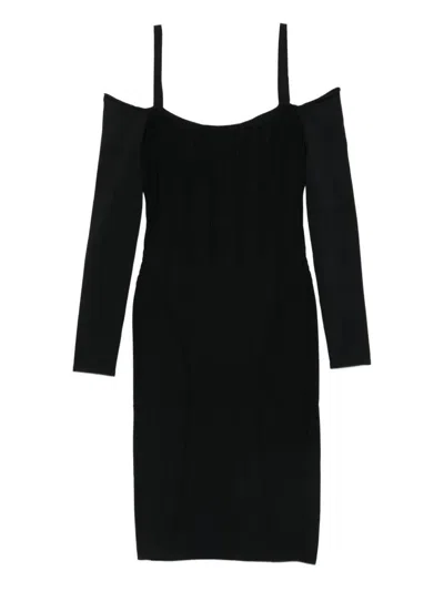 Mugler Ribbed Off-shoulder Mini Dress In Black