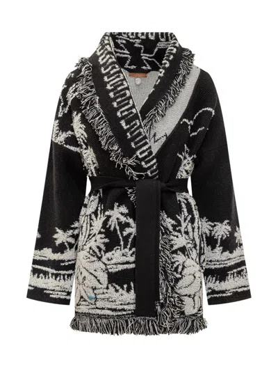 Alanui Black Cardigan With Tropical Pattern And Fringes In Black