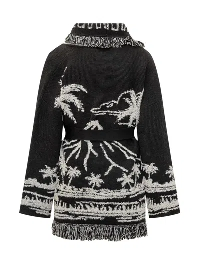 Alanui Black Cardigan With Tropical Pattern And Fringes In Black