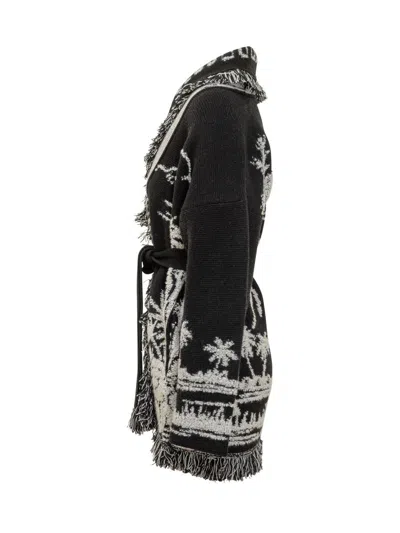 Alanui Black Cardigan With Tropical Pattern And Fringes In Black