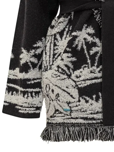 Alanui Black Cardigan With Tropical Pattern And Fringes In Black