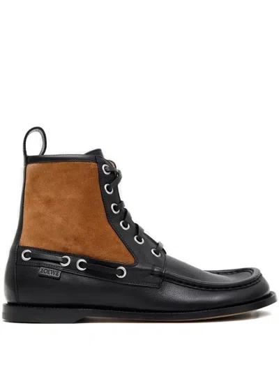 Loewe Rounded Toe Calfskin Bootie With Suede Inserts In Black
