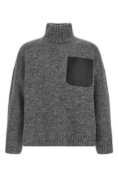 Jw Anderson Grey Sweater With High Neck And One Front Patch Leather Pocket In Wool Blend Man In Gray