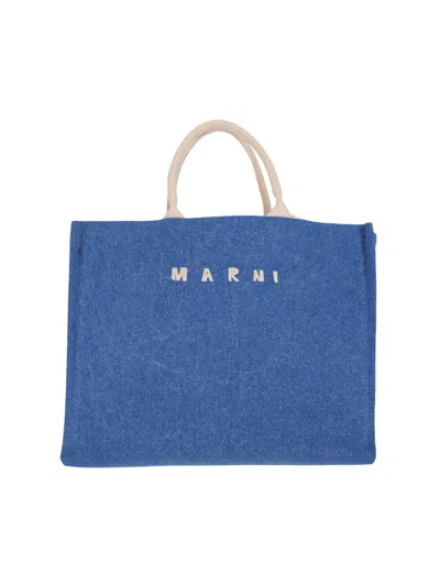 Marni Shopper Bag With Shoulder Strap And Top Handles In Blue