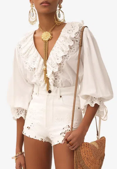 Chloé Puff Sleeve V-neck Top In Cotton Voile In White