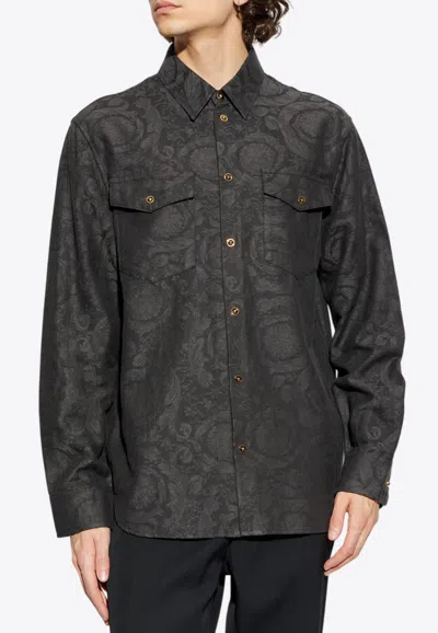 Versace Barocco Jacquard Denim Shirt In Black