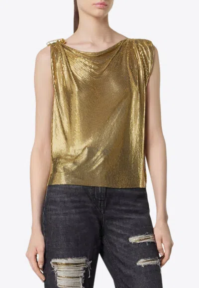 Versace Draped Metallic Knit Top With Safety Pin In Gold