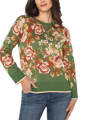 Liverpool Los Angeles Floral Long Sleeve Cotton Blend Sweater In Green