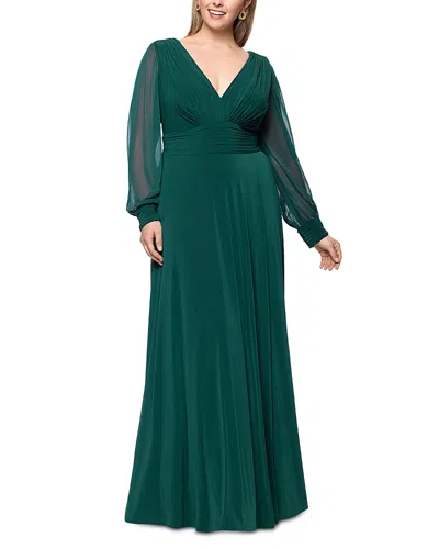 Betsy & Adam Plus Chiffon Long Sleeve V Neck Gown In Green