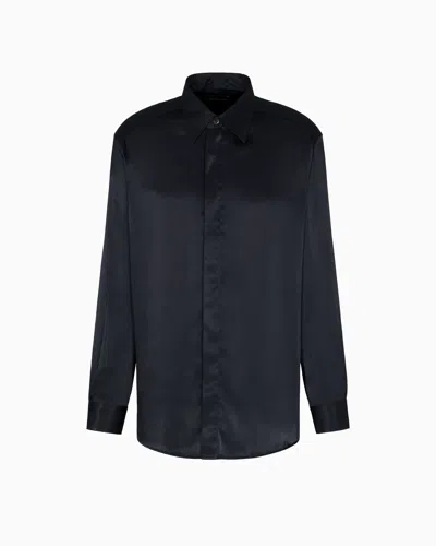 Emporio Armani Long Sleeve Satin Shirt With Spread Collar In Black