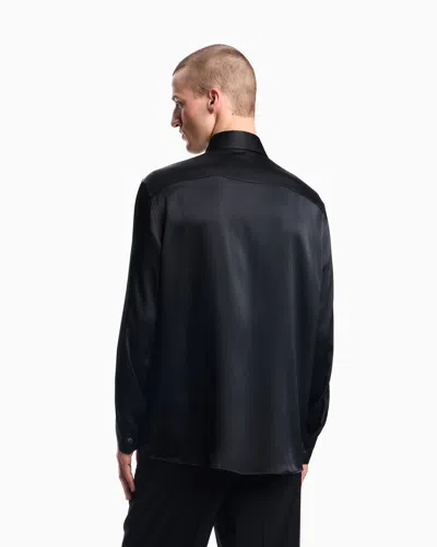 Emporio Armani Long Sleeve Satin Shirt With Spread Collar In Black
