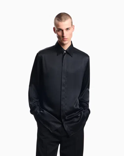 Emporio Armani Long Sleeve Satin Shirt With Spread Collar In Black