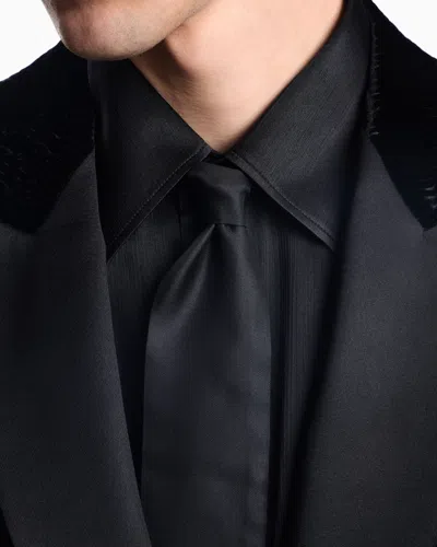 Emporio Armani Long Sleeve Satin Shirt With Spread Collar In Black
