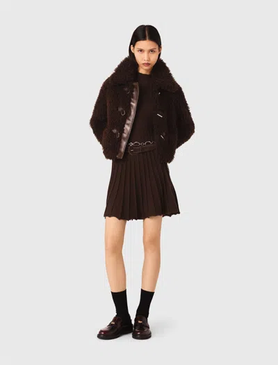 Maje Womens Dark Brown Oversized-collar Long-sleeve Faux-shearling Jacket In Brown