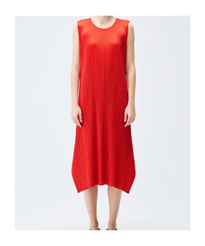 Issey Miyake Womens Bright Red Sleeveless Pleated Knitted Midi Dress In Orange