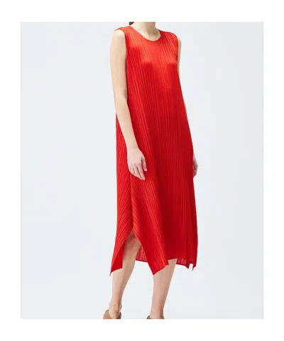 Issey Miyake Womens Bright Red Sleeveless Pleated Knitted Midi Dress In Orange