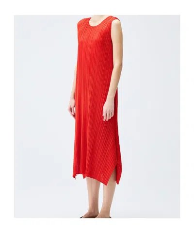 Issey Miyake Womens Bright Red Sleeveless Pleated Knitted Midi Dress In Orange
