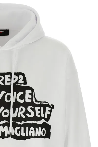 Dsquared2 D2 X Magliano White Hoodie With Drawstring Hood With Maxi Print On The Front In Cotton Man In White