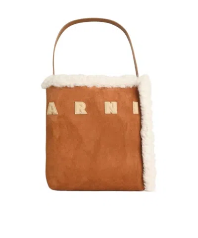 Marni Suede Bag With Shearling Trim And Single Handle In Brown