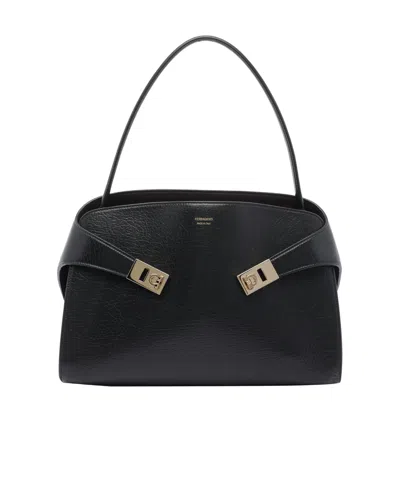 Ferragamo Hug Black Shoulder Bag With Logo Print On The Front In Leather Woman In Multi