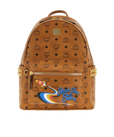 Mcm Small Medium Backpack With Front Pocket And Straps In Brown