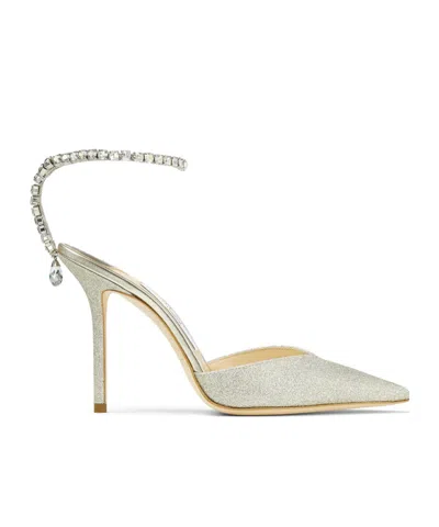 Jimmy Choo Saeda Glitter Crystal Ankle Strap Pointed Toe Pump In Silver