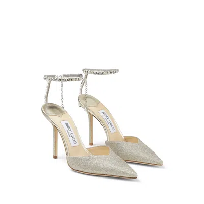 Jimmy Choo Saeda Glitter Crystal Ankle Strap Pointed Toe Pump In Silver