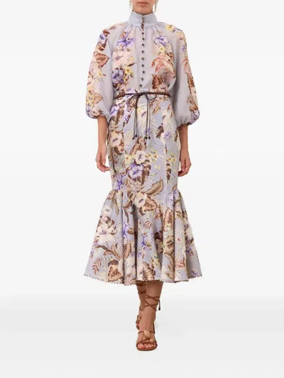 Zimmermann Coco Fit And Flare Midi Skirt In Powder Blue Multi Floral In Purple