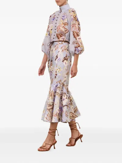 Zimmermann Coco Fit And Flare Midi Skirt In Powder Blue Multi Floral In Purple