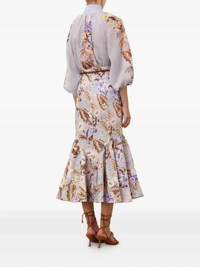 Zimmermann Coco Fit And Flare Midi Skirt In Powder Blue Multi Floral In Purple