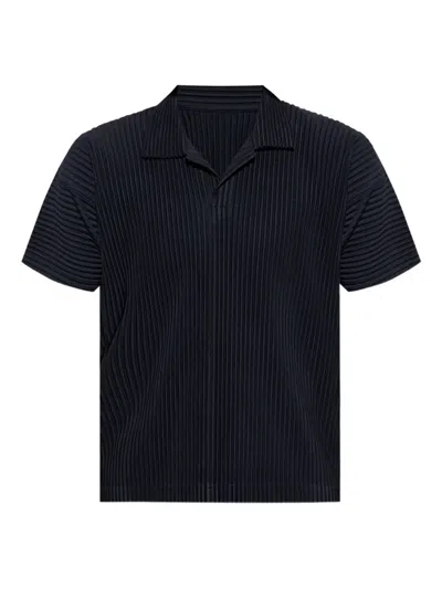 Issey Miyake Pleated Black Polo Shirt With Boxy Silhouette In Black