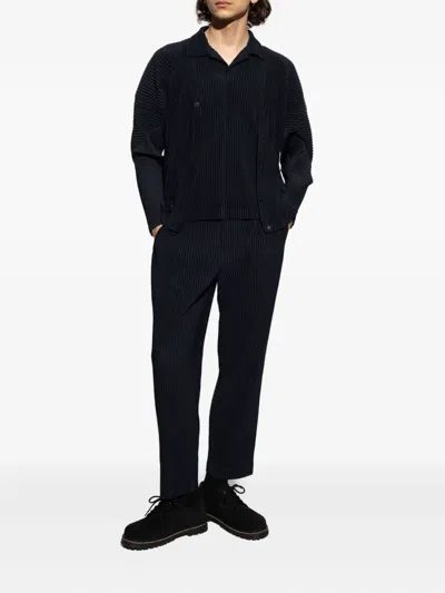 Issey Miyake Pleated Black Polo Shirt With Boxy Silhouette In Black