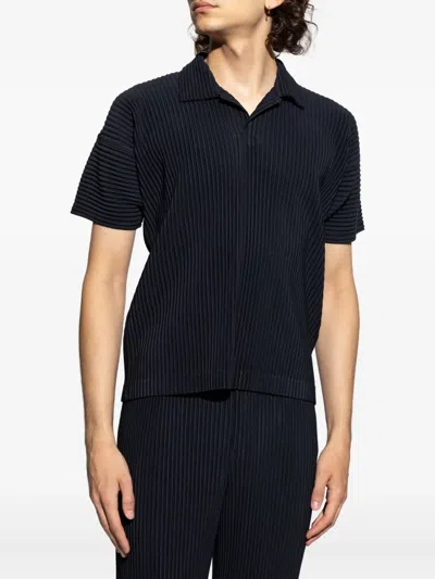 Issey Miyake Pleated Black Polo Shirt With Boxy Silhouette In Black