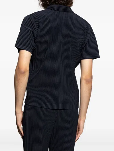 Issey Miyake Pleated Black Polo Shirt With Boxy Silhouette In Black