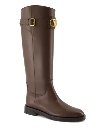 Valentino Garavani Leather Signature Vlogo Riding Boots 30 In Brown
