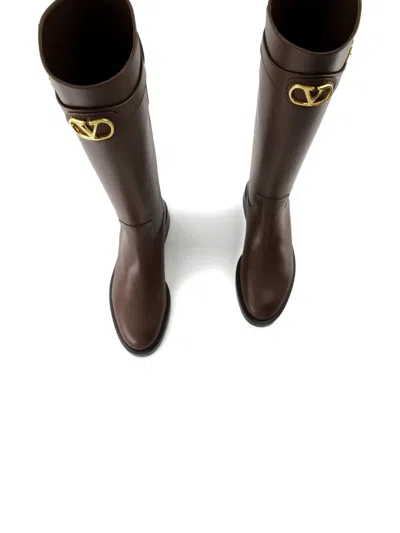 Valentino Garavani Leather Signature Vlogo Riding Boots 30 In Brown