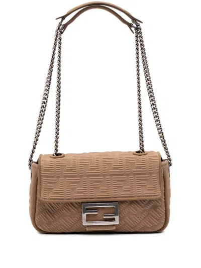 Pre-owned Fendi 2000-2025 Zucca Canvas Chain Midi Baguette Satchel In Brown