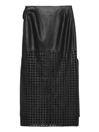 Emporio Armani Leather Grid Pattern High-waisted Midi Skirt In Black