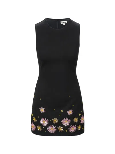 Staud Dahlia Beaded-flower Sleeveless Mini Dress In Blue