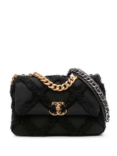 Pre-owned Chanel 2020 Medium Canvas And Cotton 19 Flap Satchel In Black