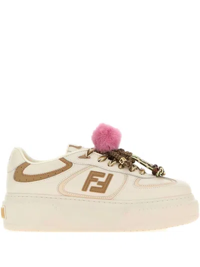 Fendi Match Low Top Platform In White Leather With Charm Women In White