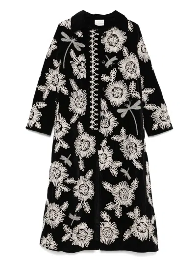 Forte Forte Long Coat With Floral Embroidery And Pockets In Black