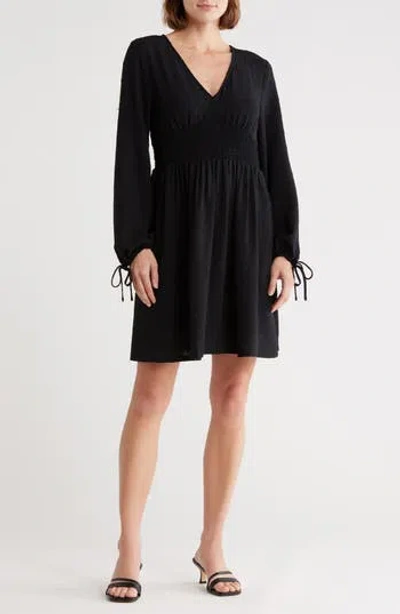 Melrose And Market Smocked Waist Long Sleeve Minidress In Black