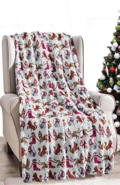 Luxury Home White Christmas Cat Plush Fleece Throw Blanket In Multi