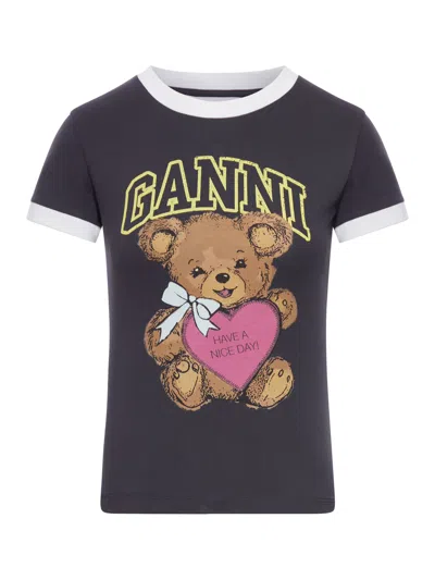 Ganni Graphic Print Crew Neck Short Sleeve Top In Black