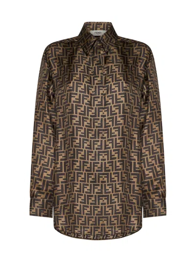 Fendi Silk Shirt With Curved Hem And Fabric-covered Buttons In Brown